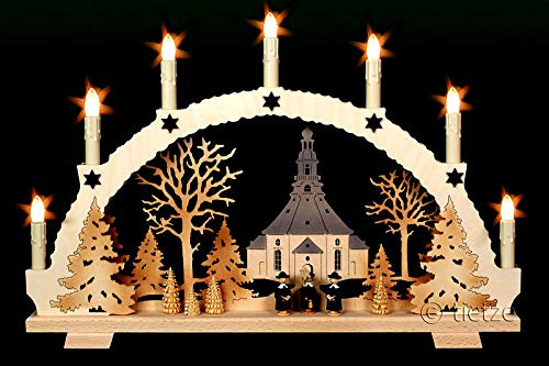 3D Schwibbogen Seiffener Kirche & Kurrende 7 Kerzen, 53cm x 35cm - Handarbeit Erzgebirge Weihnachten erzgebirgischer