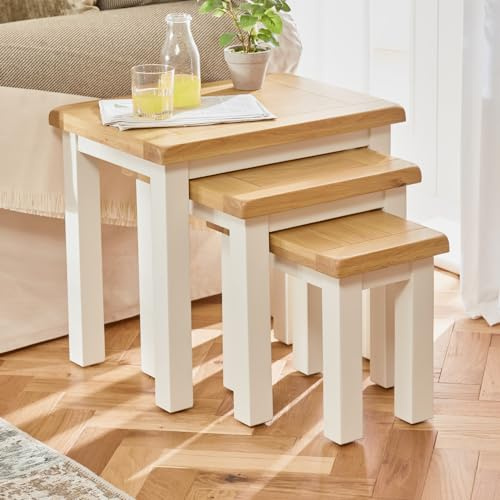 The Furniture Market Cotswold Cream Painted Nest of Three Coffee Tables with Oak Tops - Premium Quality Cream Painted Side Tables - Natural Oak Tops with Satin Lacquer - H 500mm x W 550mm x D 400mm