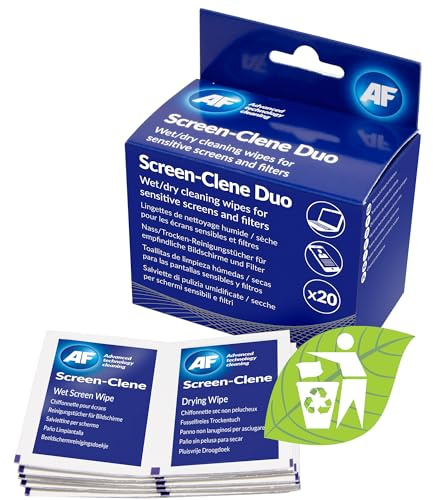 AF Screen-Clene Monitor Cleaning Duo Pairs of Wet and Dry Wipes. Anti-Static Cleaning Wipes - Box of 20 Duo Wipes For Smartphones, TV's, Glasses Lenses, Laptops, Monitors & Tablets, Silver,SCR020