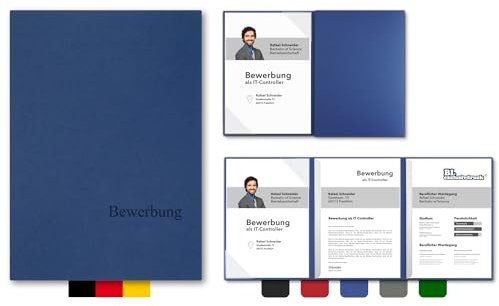 5 Stück 3-teilige Bewerbungsmappen BL-exclusivdruck® OPTIMA-plus in Königsblau - Premium-Qualität mit edler Relief-Prägung 'Bewerbung' - Produkt-Design von 'Mario Lemani'