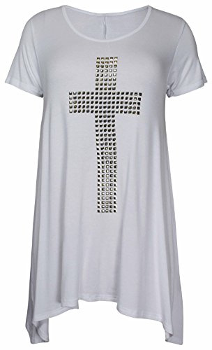 PurpleHanger Women's Plus Size Studded Cross Uneven Long Top White 22-24