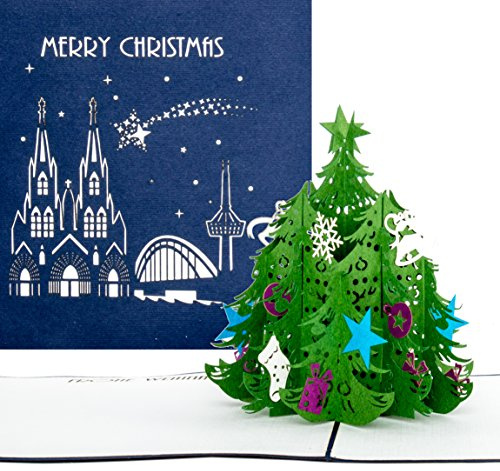 Pop-Up Karte Tannenbaum | Köln - Merry Christmas Blau, Kölner Weihnachtskarte, Tannenbaum Köln, Pop Up Karte zu Weihnachten, 3D Karten, Grußkarte, Adventskarte, Christmas Card Cologne