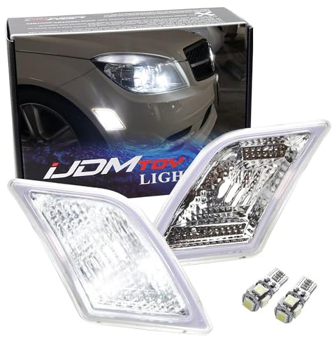 iJDMTOY Euro Clear Lens Front Side Marker Lights w/White LED Replacement Bulbs Compatible With 2008-11 Mercedes Pre-LCI W204 C250 C300 C350 & 2008-2013 C63 AMG, Replace OEM Amber Sidemarker Lamps