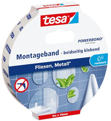 Tesa Te77745-00001-00 Nastro Biadesivo per Fissaggio su Piastrelle e Metallo Tesa Powerbond Resistente all'Umidità, 5M X 19 mm, Bianco