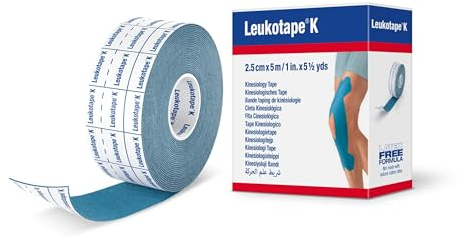 Leukotape K Kinesiology Tape, 1 in x 5.5 yds, 5 Rolls | Blue, Water-Repellent, Skin-Friendly, Stays in Place for up to 9 Days