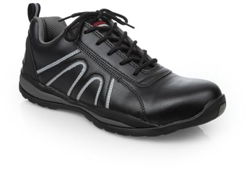Slipbuster Slip Resistant Safety Trainers with Steel Toe-Caps, Black, UK Size: 9 / EU Size: 43, Slimline Design, Breathable Microfibre, 100% Vegan Friendly, A708-43