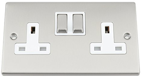 A5 Wall Socket 2 Gang - Satin Matt Chrome Square - White Insert - Metal Rocker Switch - 13A Double Plug Socket