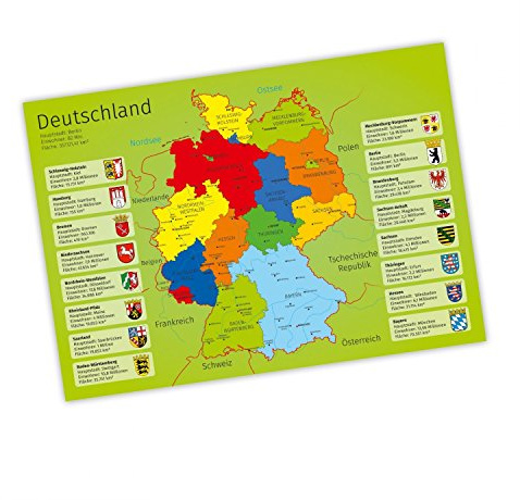 nikima - Kinder Lernposter Deutschland mit Bundesländern - Plakat für Kindergarten Schule Schulanfang Schuleintritt Einschulung Kinderzimmer Deutschlandkarte - Größe DIN A1-841 x 594 mm