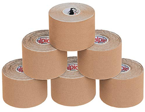 ALPIDEX Kinesiologie Tape Hautfarben 6 Rollen 5m x 5cm Physio Sport Set | Physiotape, Muskeltape, elastisch, wasserfest, latexfrei, Baumwolle, Knie, Rücken, Nacken, Schulter, Handgelenk, Ellenbogen
