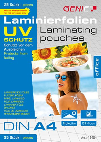 Genie Laminierfolien (DIN A4; mit UV Schutz; 125 Micron; UV beständig - schützt vor Strahlung) 25er Pack