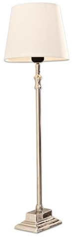 LOBERON Tischlampe Mayfair, traditioneller Klassiker, glänzender Fuß, Tischleuchte, Schreibtischlampe, Nachttischlampe, Baumwolle, Aluminium, weiß/silber