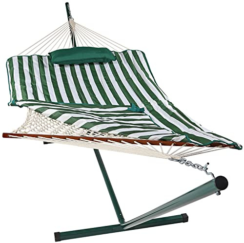 Sunnydaze Rope Hammock with Stand for Outside - Heavy Duty Freestanding Portable Outdoor Hammock Set with Quilted Pad, Pillow, and 12-Foot Steel Frame - 275 lb Capacity - Green & White Stripe