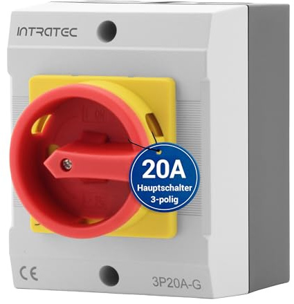 Intratec Hauptschalter 20A, 3-polig – IP65 Lasttrennschalter mit Kunststoffgehäuse – Aufputz-Schalter ideal für Industrie – Drehschalter für sichere Abschaltung – Robuster Maschinenschalter 230V 400V
