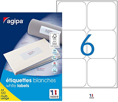 AGIPA Bte 600 étiquette 99,1x93,1 mm (6 x 100F A4) Multi-usage Coin Rond Permanent Blanc