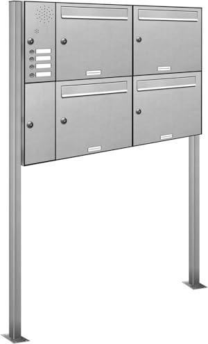 AL Briefkastensysteme 4er V2A Edelstahl Standbriefkasten mit Klingel rostfrei als 4 Fach Briefkastenanlage in Postkasten Briefkasten Design modern