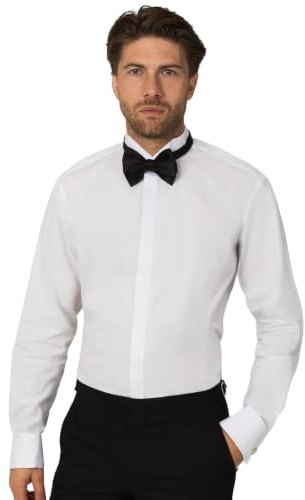 Dobell Mens White Dress Shirt Slim Fit 100% Cotton Wing Collar Plain Fly Front Double Cuff-16