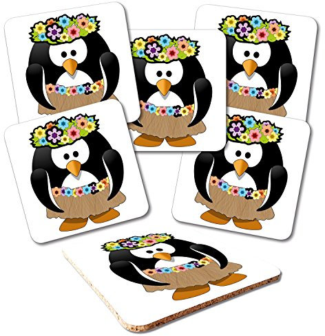 Addies Glas-Untersetzer 6-tlg.Set bedruckt Motiv Cartoon Pinguin-03 Komplett-Set in hochwertiger Klarsicht-Geschenkbox und Korkrückseite Linux