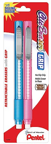 Pentel Clic Retractable Eraser with Grip, Assorted Barrels, 2 Pack (ZE21TBP2M)