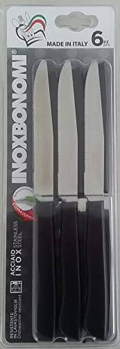 InoxBonomi 39506N Blister 6 Pezzi, Coltello Bistecca o Pizza 12 cm, Manico, Nero