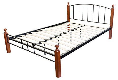 Homestyle4u 547, Metallbett 140x200 cm Bett mit Lattenrost Bettgestell Metall Schwarz Holz Braun Schlafzimmer