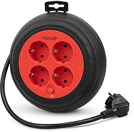 Garza - Enrollador de cable 3 m rojo y negro, 4 tomas Schuko, protección contra sobretensiones y sobrecalentamiento.