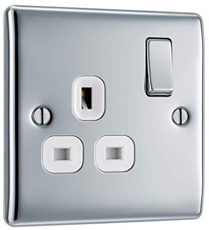 BG Electrical Single Switched Power Plug Wall Socket, Raised and Slim Profile, Round Edges, Nexus Metal, Polished Chrome, White Inserts, 13A, NPC21W