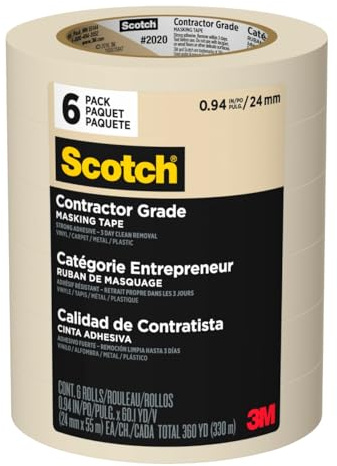 Scotch Contractor Grade Masking Tape, 1 Inch Wide (0.94 in. x 60.1 Yds) 6 Rolls, 3-Day Interior Clean Removal, Removes Easily Without Leaving Sticky Residue, Interior & Exterior Use (2020-24EP6)