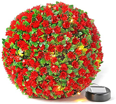 Solalite 28cm Red Topiary Balls with 20 Solar LED Lights, Hanging Topiary Ball Lights Sphere Decorative for Wedding Artificial Plant, Backyard Balcony Garden Décor