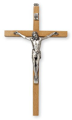 26cm Beech Wood Wall Hanging Crucifix Cross Silver Jesus 10574