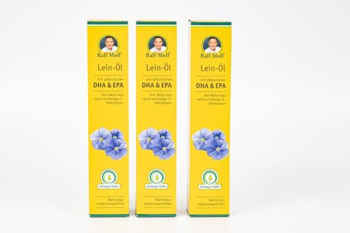 3x250ml frisches Leinöl mit DHA+EPA von Ralf Moll, 3er Pack mit Dosierer, natives Speiseöl aus 1. Kaltpressung (750)