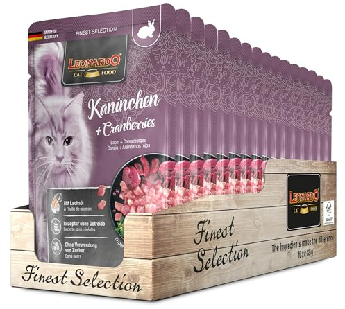 LEONARDO Sacchetto salvafreschezza [16x85g Coniglio + Cranberries] | Cibo umido senza cereali per gatti | Alimento completo umido in busta monoporzione