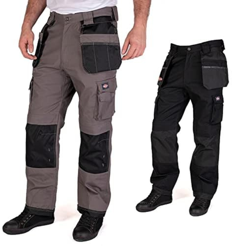 Lee Cooper LCPNT210 Herr Premium Multi & Hölster Ficka Knäskydd Arbetsbyxor Lastbyxor, Grå/Svart, Storlek 34 Lång