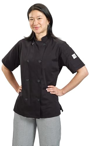 Mercer Culinary M60023BKM Millennia Women's Short Sleeve Cook Jacket with Traditional Buttons, Medium, Black