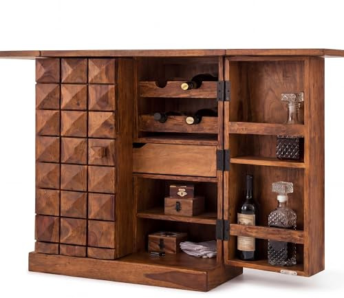 FineBuy Hausbar 65x50x91 cm Sheesham Massivholz Braun, Weinbar | kleiner Barschrank mit Türen und Kachelmuster, Spirituosenschrank aus Echtholz mit Stauraum, handgefertigt