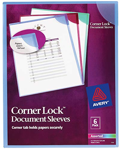Avery Corner Lock Document Sleeves, Holds up to 20 Sheets, Assorted Colors, 6 Plastic Sleeves (72262)