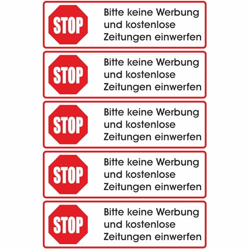 Keine Werbung! 5 weiße Briefkastenaufkleber 70x20 mm - Bitte keine Werbung und kostenlose Zeitungen einwerfen