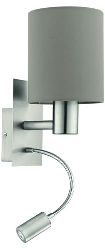 EGLO Wandlampe Bett Pasteri Textil Wandleuchte | Schlafzimmer mit LED Leseleuchte, Leselampe Wandmontage aus Metall in Silber und Stoff in Taupe, E27 Fassung