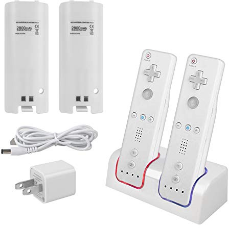 Kulannder Wii Remote Battery Charger(Free USB Wall Charger+Lengthened Cord) Dual Charging Station Dock with Two Rechargeable Capacity Increased Batteries for Wii U Game Remote Controller (White)