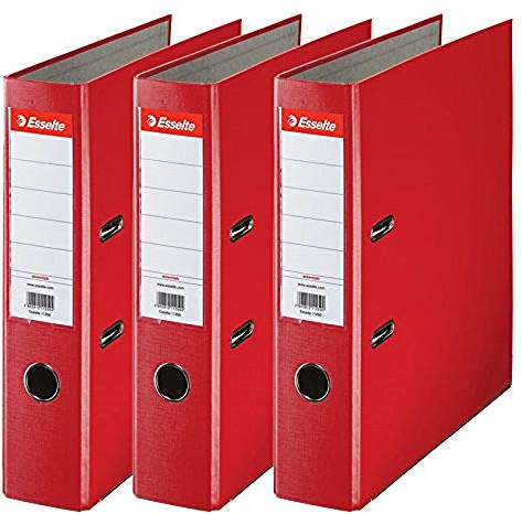 Esselte D75 Essentials, Set di 3 Raccoglitori a Leva Formato A4, Rosso, in Plastica e con Carta Certificata FSC, Dorso da 7,5 cm, Senza Custodia, 624292, Rosso