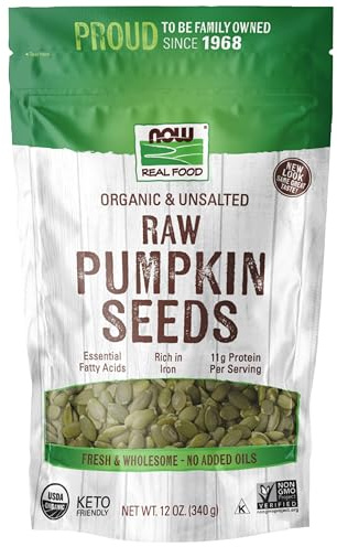 NOW Foods, Organic Pumpkin Seeds, Raw and Unsalted, Excellent Source of Protein and Iron, Certified Non-GMO, Keto-Friendly Snack, 12-Ounce (Packaging May Vary)