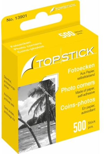TopStick 13901 Fotoecken, 500 Stück, selbstklebend transparente Fotokleber Ecken für Fotoalbum, Scrapbook, Hochzeit, Fotobuch, Klebepads für Fotos in Spenderbox