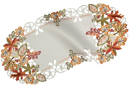 Herbst Tischläufer Tischdecke Weiß gestickt mit bunten Blätter Mitteldecke Deckchen (ca. 40 x 90 cm Oval)