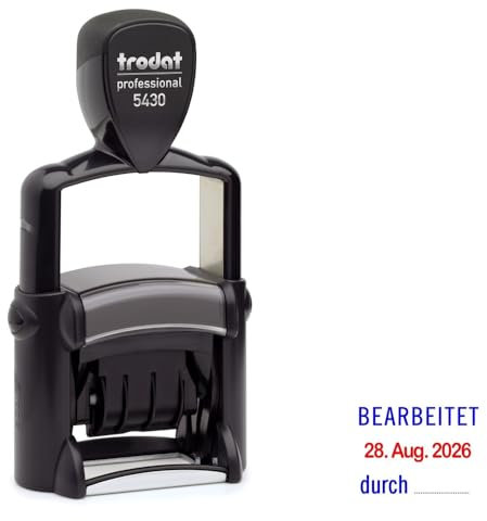 Trodat Professional Dater 5430 Datumstempel mit 2farbigem Kissen blau/rot + Wunschtext, Stempeltext:B E A R B E I T E T