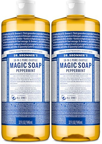 Dr. Bronner's Pure-Castile Magic Liquid Soap- Made with Regenerative Organic Oils- For Body, Face, Hair, Dishes, Pets, Laundry Natural, Vegan, Non-GMO - Peppermint, 32 oz (2-Pack)