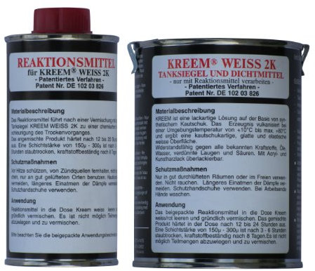 Kreem WEISS 2K Tanksiegel 2-teilig 650g für Stahl, Aluminium und GFK-Tanks bis 12 Liter Größe, Universell für Auto und Motorrad, Tankversiegelung