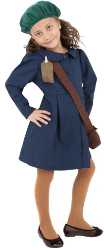 World War II Evacuee Girl Costume, Blue, with Dress, Hat & Bag, (M)