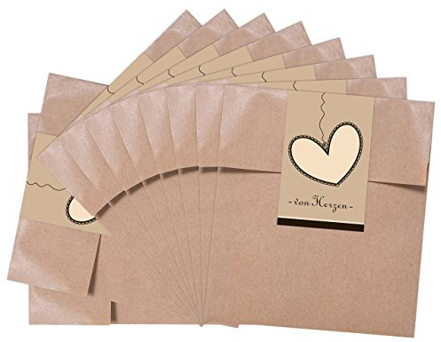 Logbuch-Verlag 25 kleine braune Geschenktüten aus Papier - Papiertüten mit Aufkleber VON HERZEN braun beige 13 x 18 cm Verpackung