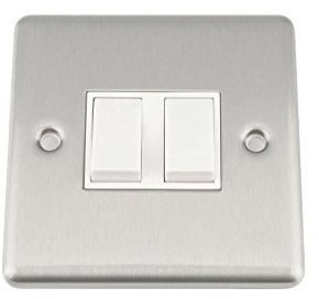 A5 Light Switch Double 2 Gang Satin Brushed Chrome Classic - White Insert - Plastic Rocker Switches - 10A 1 Gang 2 Way