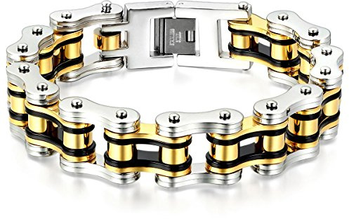 JewelryWe Schmuck Herren Armband, Poliert Breit Link Fahrradkette Biker Armreif, Edelstahl, Schwarz Gold Rot Silber
