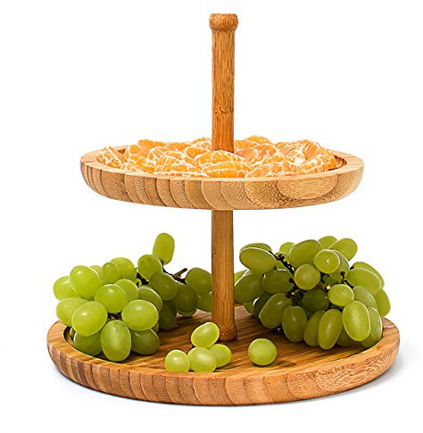 Relaxdays Alzata Portafrutta su 2 Livelli, Centrotavola, Vassoio da Portata, Struttura in bambù per Buffet, Naturale
